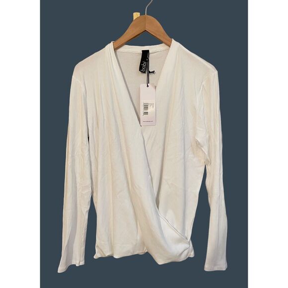 Bobi Modal Wide Rib Wrap Top Long-sleeve in White Womens Size L NWT - Picture 1 of 7